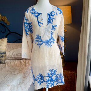 100% Cotton Ivory and Blue Coral Print Swim Cover Up